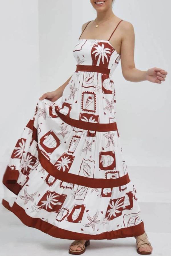 Elegant Ruffled With Floral Print Maxi Dress