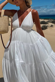Bohemian Style V-neck Backless Slip Layered Vacation Maxi Dress