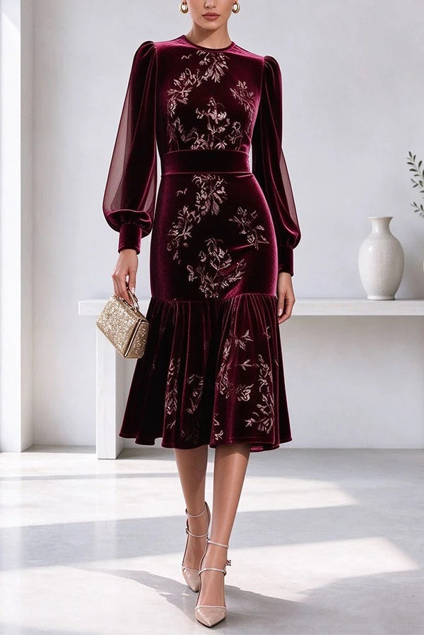 Velvet Sheer Sleeve Floral Dress