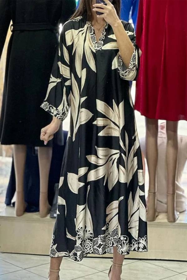 Vintage Leaf Print Satin Midi Dress V Neck Batwing Sleeve Loose Swing Vacation Dress