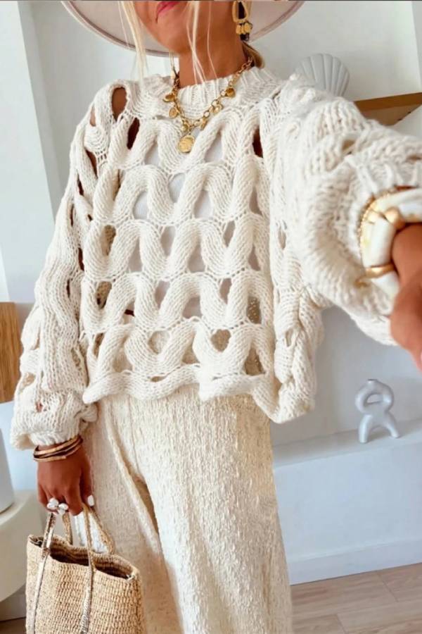 Thick Yarn Hollow Cable Knit Puff Sleeve Cropped Sweater Cover Up