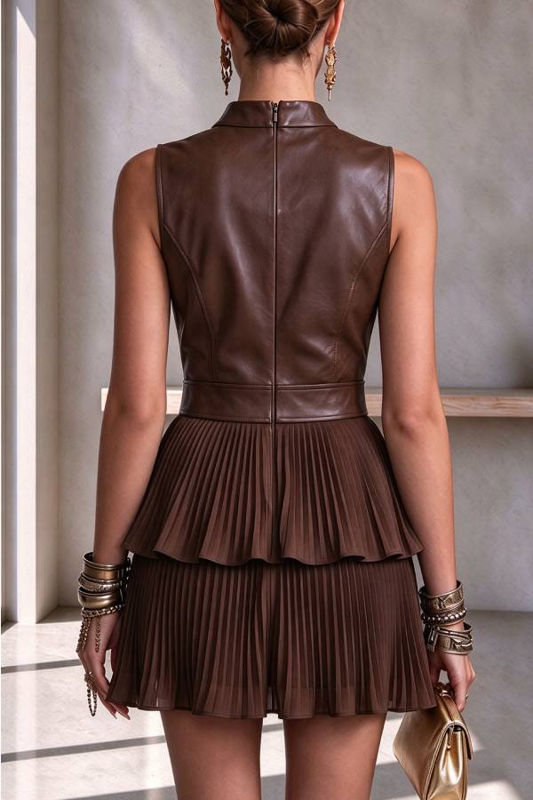 Sexy PU Leather Paneling and Layered Ruffles Hem Sleeveless Mini Dress