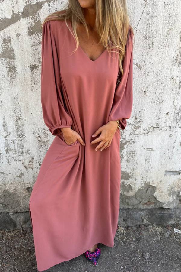 Solid V Neck Balloon Sleeve Loose Maxi Vacation Dress With Pockets