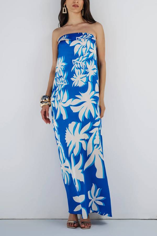 Fashion Vacation Satin Unique Print Off Shoulder Maxi Dress