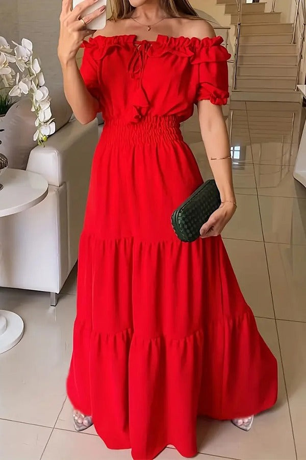 Admit Your Feelings Off Shoulder Smocked Waist Maxi Dress