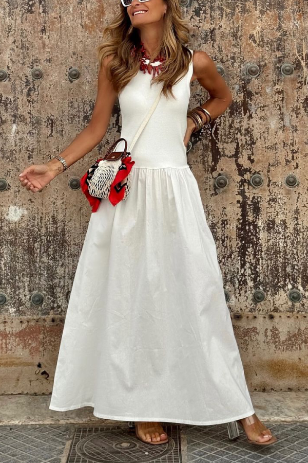 White Waist Loose Hem Sleeveless Round Neck Long Dress