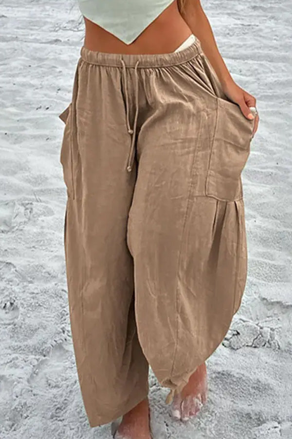 Elastic-waist Pleated Wide-leg Loose Cotton Linen Trousers