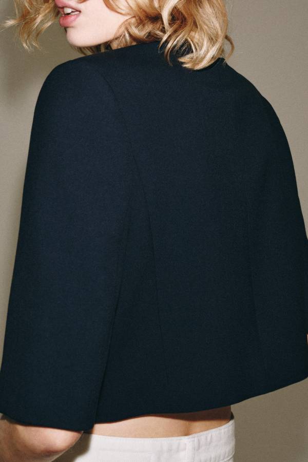 Navy Stand Collar Cropped 1/2 Sleeve Blazer