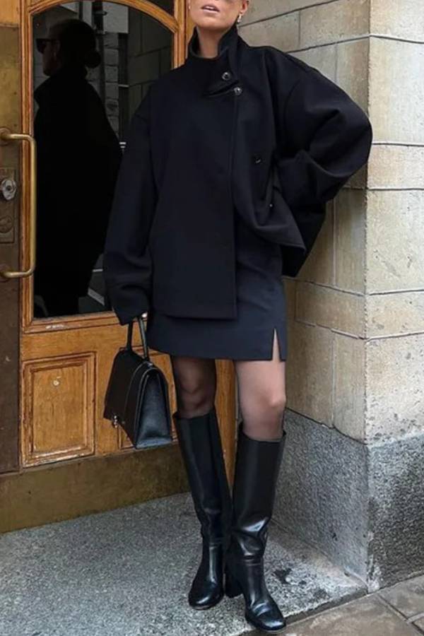 Stand Collar Asymmetric Button Short Wool Coat
