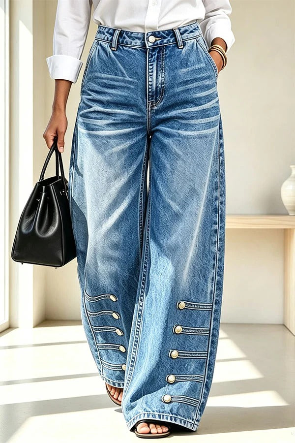 Trendy Streetwear Denim Napoleon-button Style High Rise Pocket Wide Leg Jeans