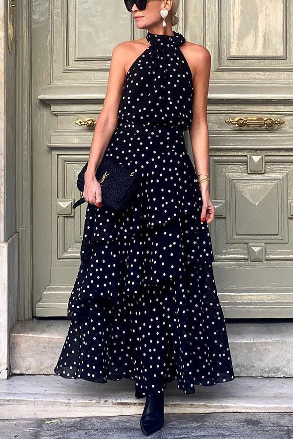 Cabana Date Polka Dot Print Halter Bow Neck Tiered Maxi Dress