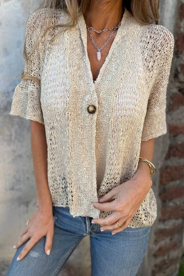 V-Neck Single Button Hollow Ruffle Short Sleeve Knit Cardigan