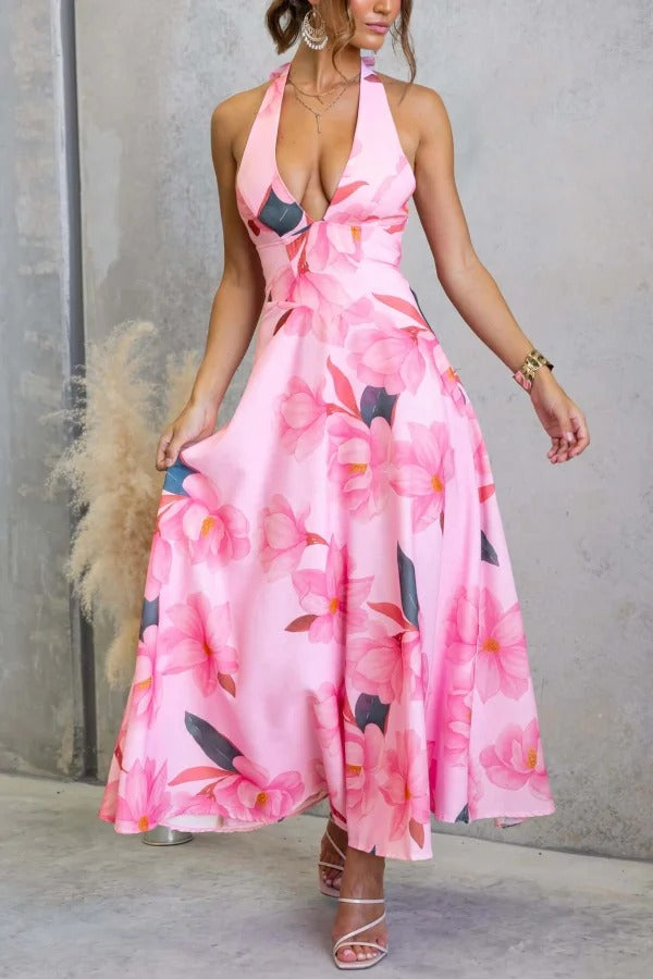 Floral Print V-neck Backless Tie-up Fitted Waist Elegant Maxi Dress