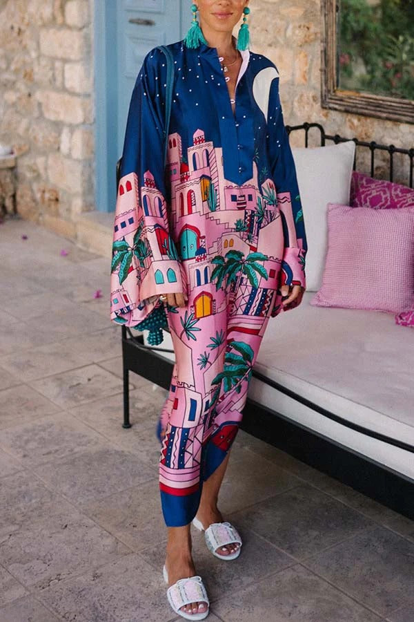 Seaside Stroll Satin Unique Print Button Up Long Sleeve Slit Kaftan Midi Dress
