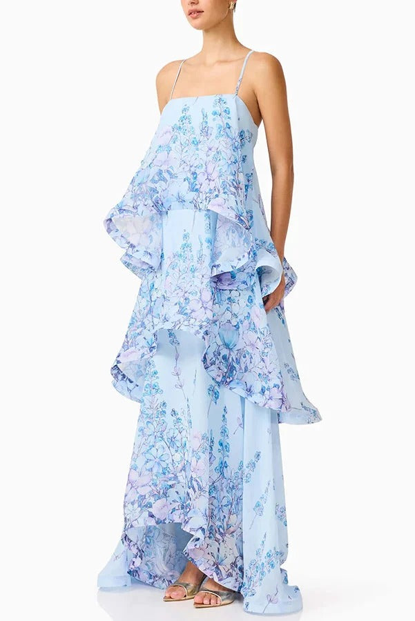 Armani Georgette Fabric Floral Print Tiered Slip Square Neck A-line Maxi Dress