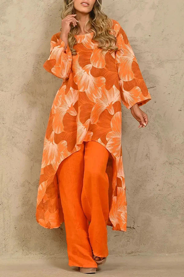 Exquisite Floral Print Crew Neck Paneled Pant Suit