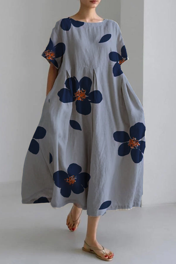 Women's spring and summer casual loose round neck floral skirt dress
