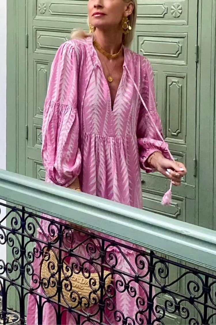 Marrakech Stories Linen Blend Printed Balloon Sleeve Pocketed A-line Midi Dress