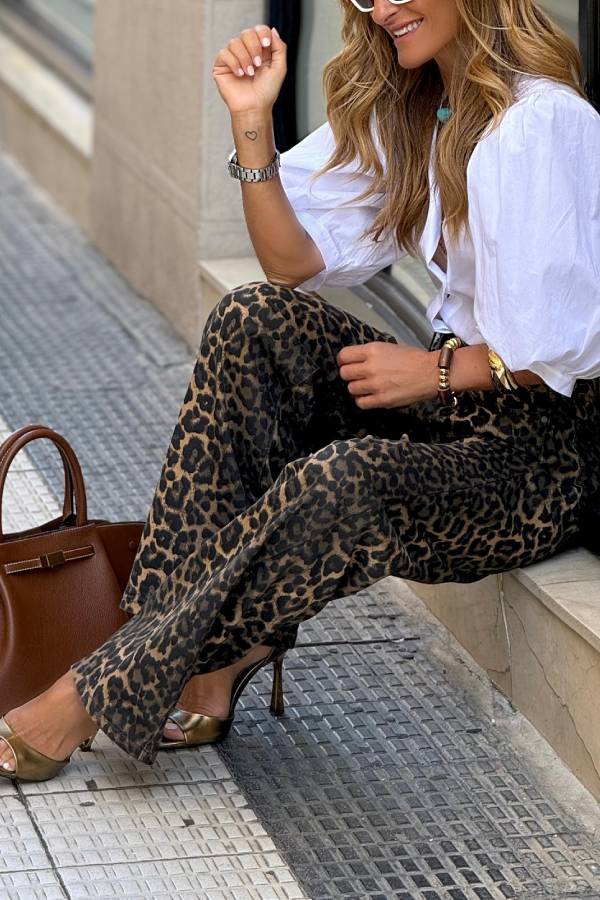 Wild denim leopard print high waist wide leg pocket pants