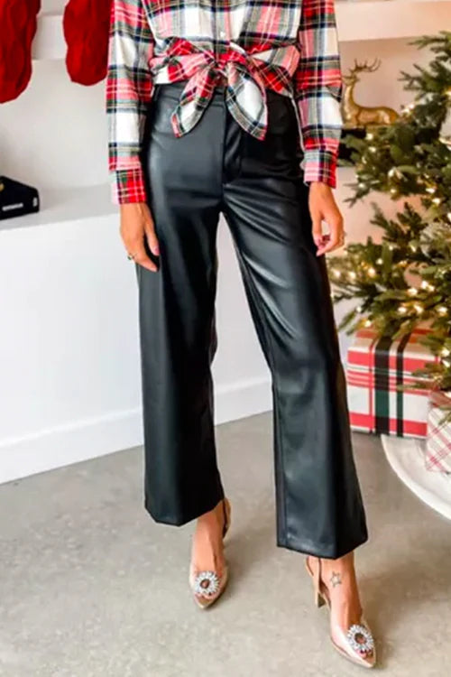 One Button Straight Leg Faux Leather Pants