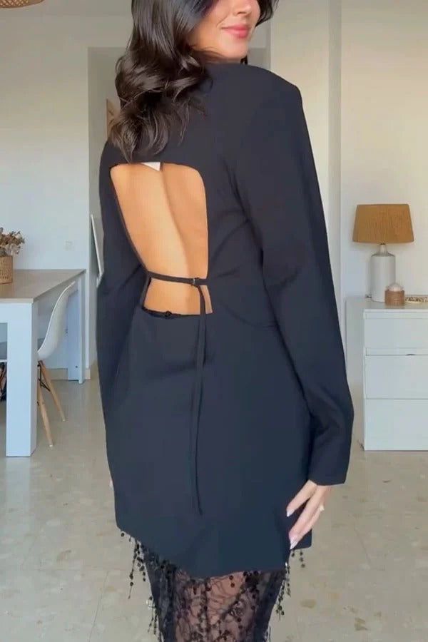 Yulissa Single Button Long Sleeve Fitted Waist Open Back Pocketed Lapel Blazer