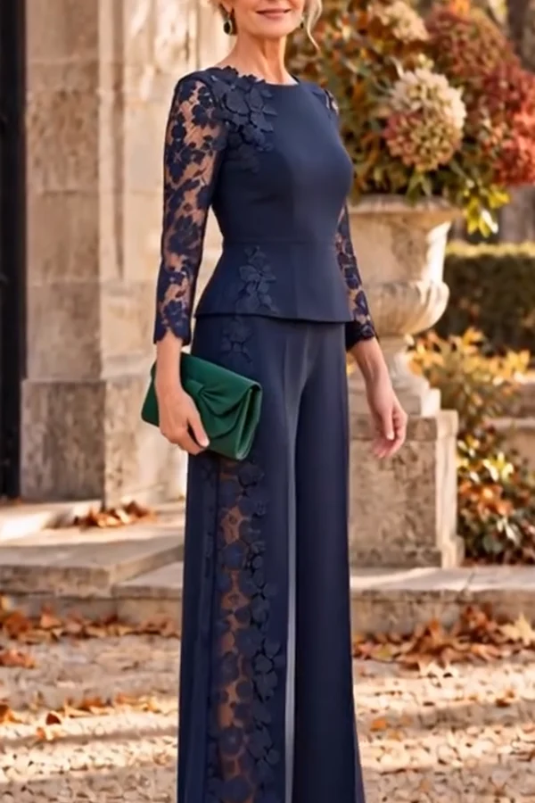 Embroidered Floral Lace Patchwork Flare Hem Top and Elastic Waist Pocket Wide Leg Pants Set