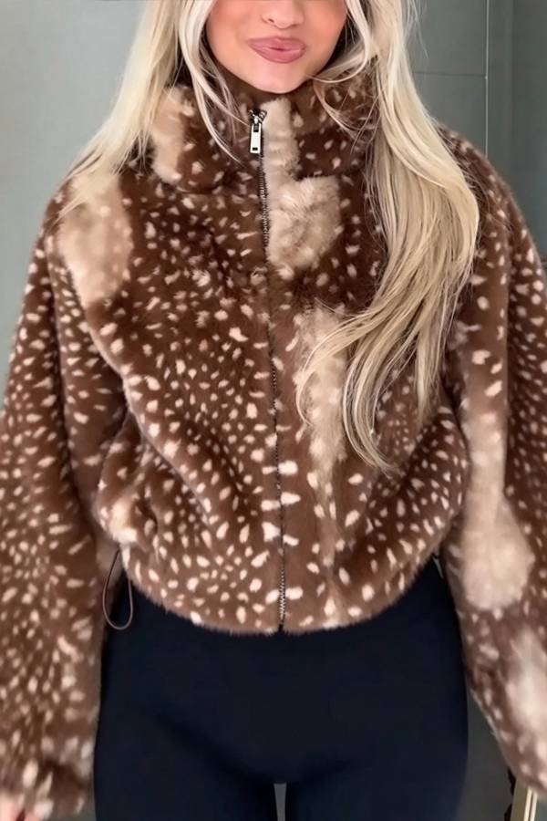 Bambi Print Faux Fur Funnel Neck Zip Long Sleeve Drawstring Hem Jacket