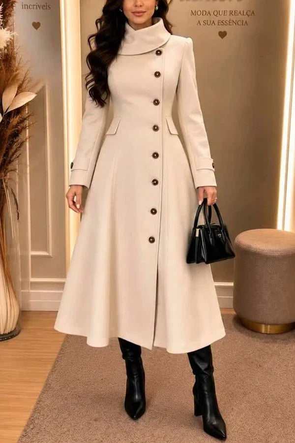 Chill Whispers Turtleneck Long Sleeve Button Pocket Flare Midi Trench Coat