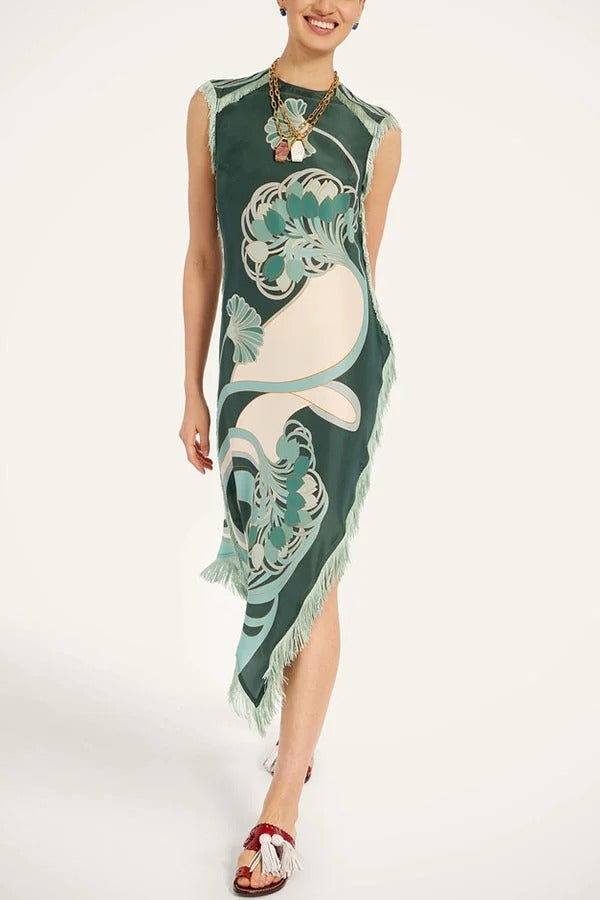 Bohemian Style Floral Print Tassel Trim Irregular Hem Slit Scarf Midi Dress