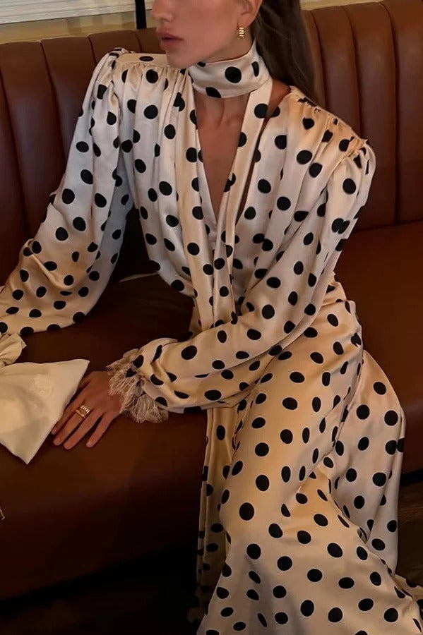 Chrissa Satin Polka Dot Print Lace Trim Tie-up Neck Balloon Sleeve Loose Blouse
