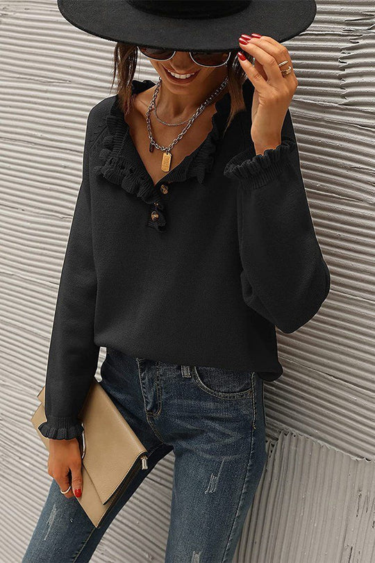 Long Sleeve Button Down Ruffle Knit Pullover Sweater Tops