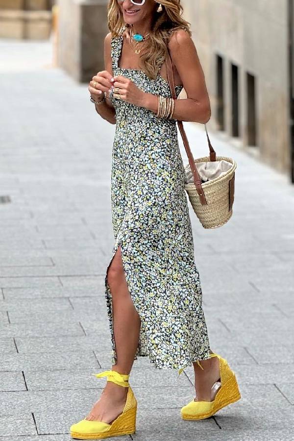Floral One-line Suspender Holiday Casual Slit Long Skirt