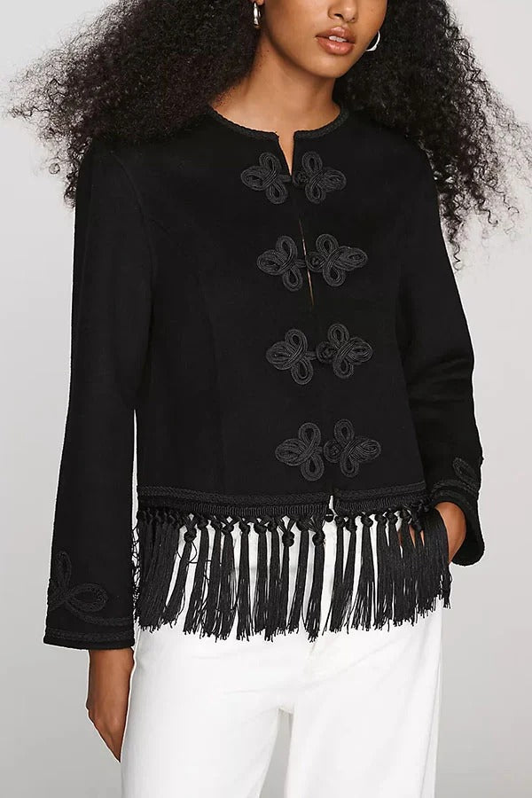 Vintage Bohemian Style Embroidered Tassel Trim Long Sleeve Jacket