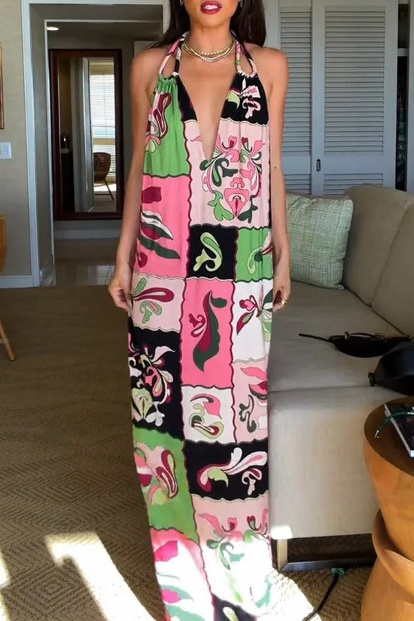 Vacation Night Unique Color-block Print U-shaped Shoulder Strap Maxi Dress