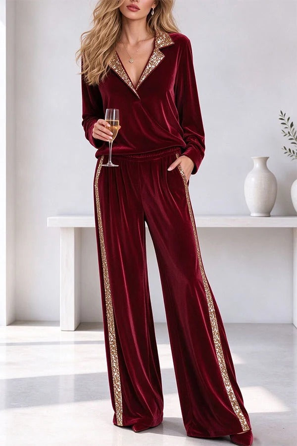 Elegant Velvet Sequin Trim Lapel Top with An Elastic Waist Pocket Wide Leg Pants Set