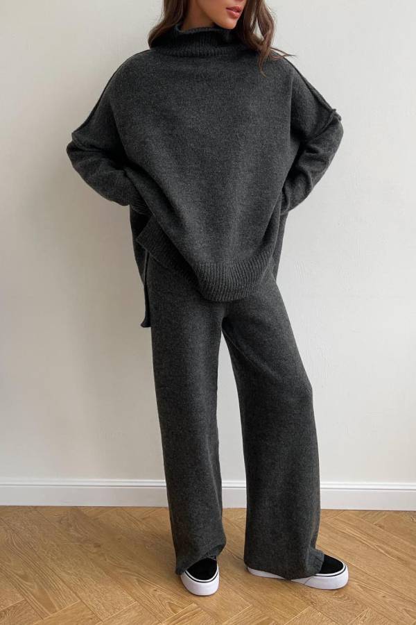 High-neck loose-fitting knit sweater and wide-leg pants two-piece set