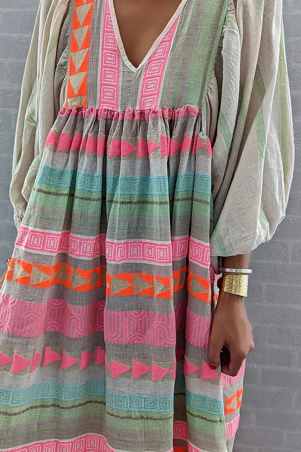 Whisked Away Geometric Color Block Printed A-line Midi Dress