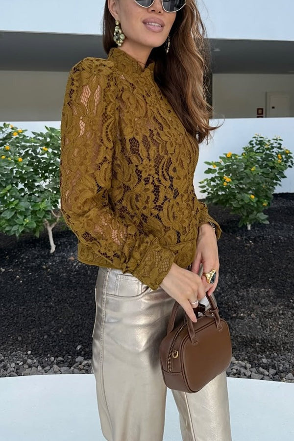 Palace Style Crochet Flower Lace Stand Neck Button Puff Sleeve Jacket