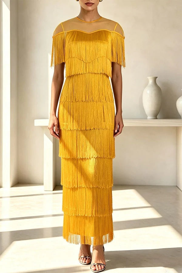 Elowyn Mesh Tiered Tassel Patchwork Round Neck Cape Sleeve Midi Dress