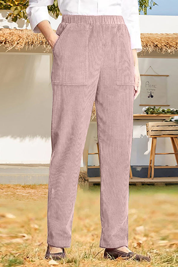 Solid color elastic waist striped straight casual pants