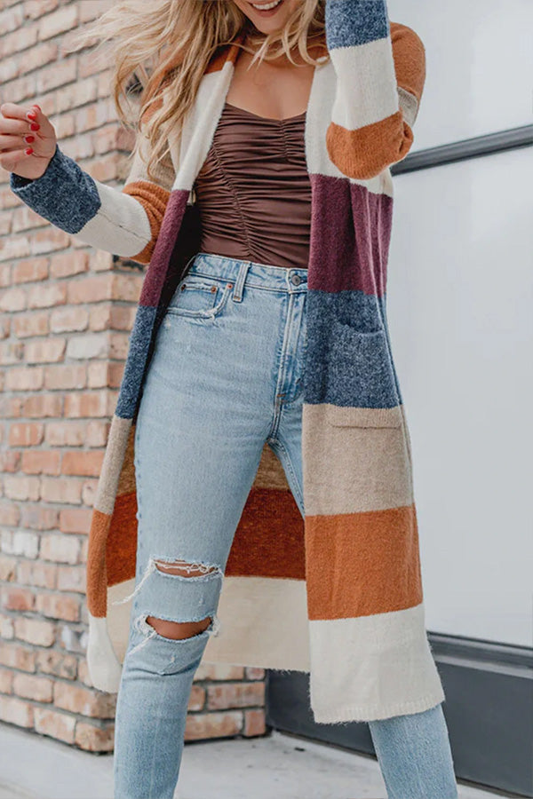 Knitted Color Block Open Front Long Cardigan