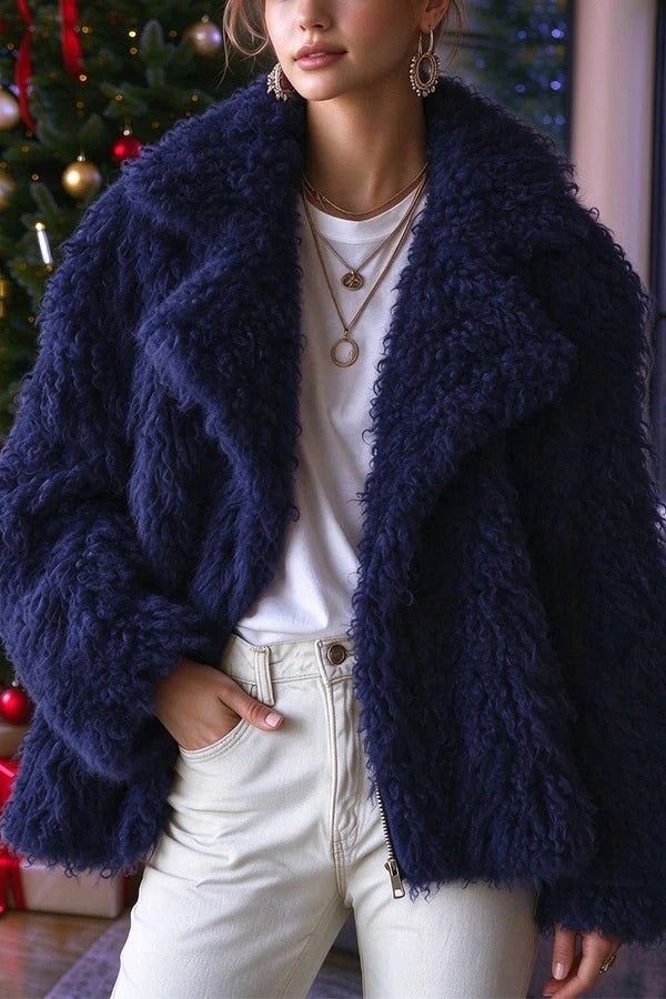 Warm Winter Teddy-style Curly Plush Long Sleeve Lapel Coat