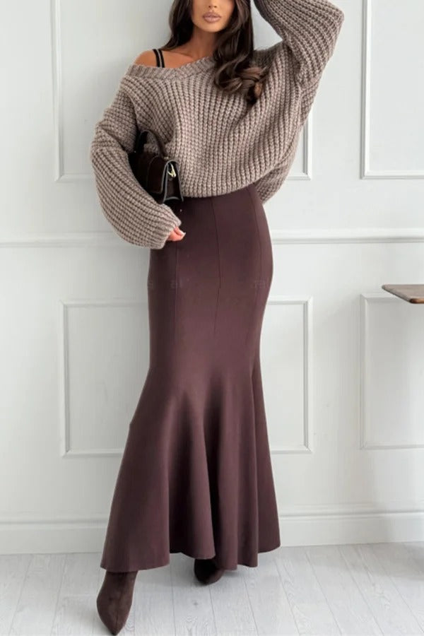 Caitlin Knit Stretch Fabric High Waist Fishtail Casual Maxi Skirt