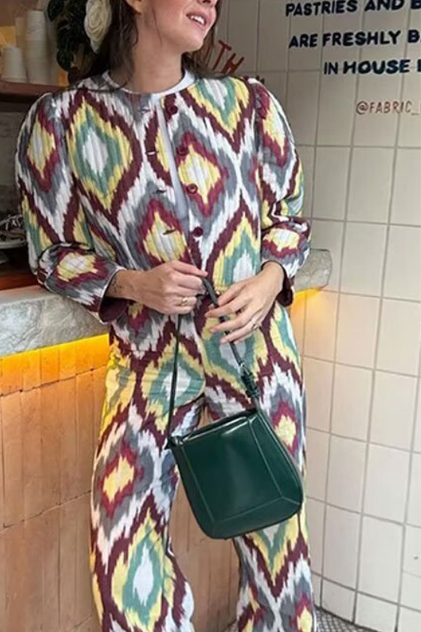 Printed Single-Breasted Cotton Jacket + Casual Trousers Set