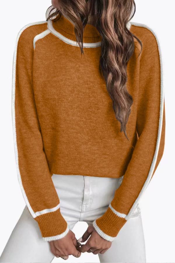 Women's Color Block White Trim Turtleneck Raglan Long Sleeve Sweater