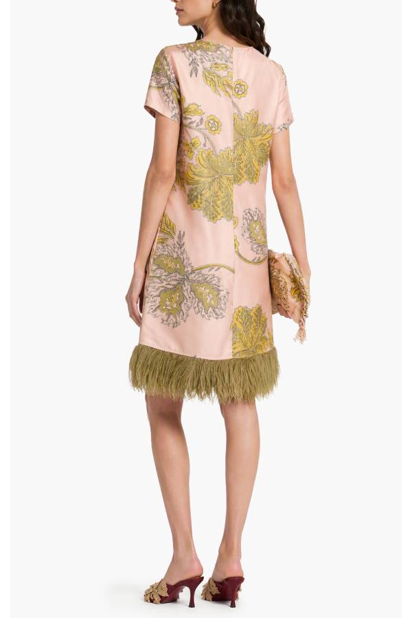 Satin Printed Feather Tassel Shift Dress
