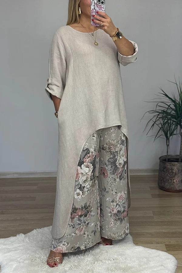 Linen Blend Crew Neck Long Sleeve Irregular Loose Top and Elastic Waist Floral Print Casual Pocket Set