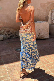 Tie Dye Ombre Gold Floral Print Sexy Strappy Maxi Dress