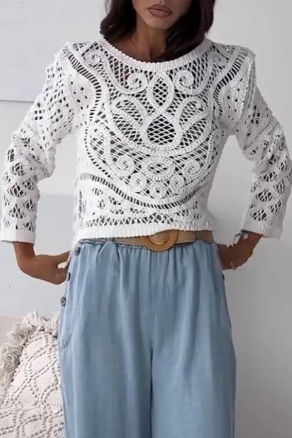 Lopez Knit Crochet Cutout Unique Pattern Long Sleeve Loose Top