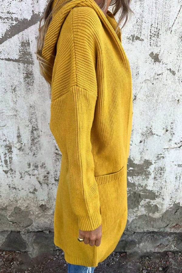 Women's Hooded Single Breasted Mid-Length Knit Cardigan